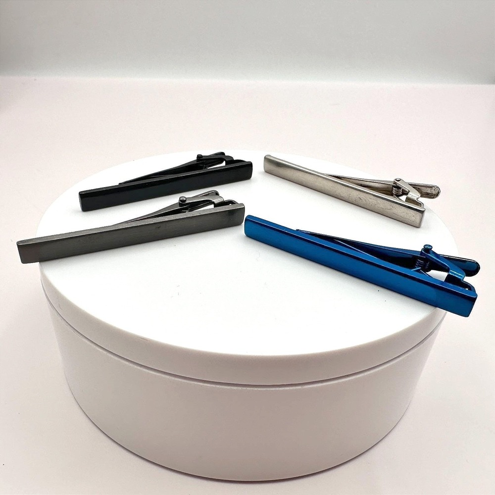 Vintage 90s 4 pcs Men's Tie Clip Bar Set Classic  Silver Tone Pin Retro Jewelry